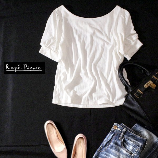 ☆☆ 美品 Rope Picnic ロペピクニック ☆☆ 大人可愛い バックV ストレッチ プルオーバー 38号 M 春 夏 23C06拍卖