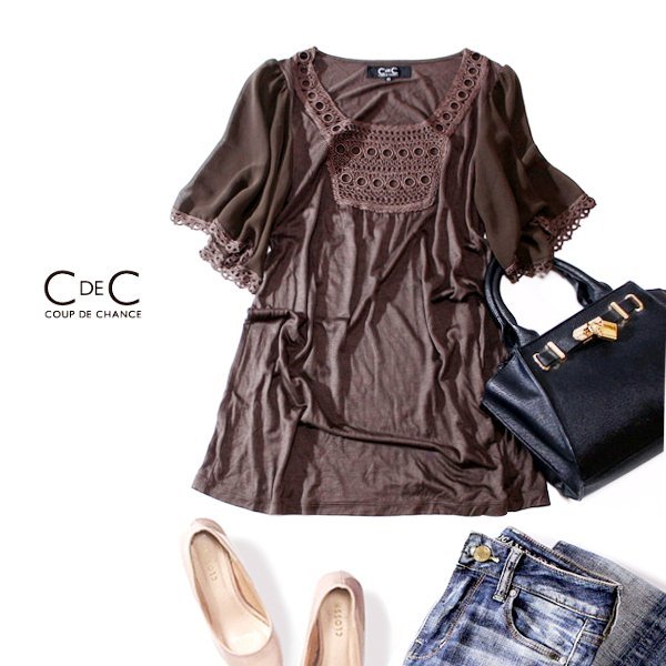 ☆☆ 美品 (株)ワールド COUP DE CHANCE クードシャンス ☆☆ シフォン切り替え かぎ編み ストレッチ プルオーバー 38号 M 春 夏 23D06拍卖