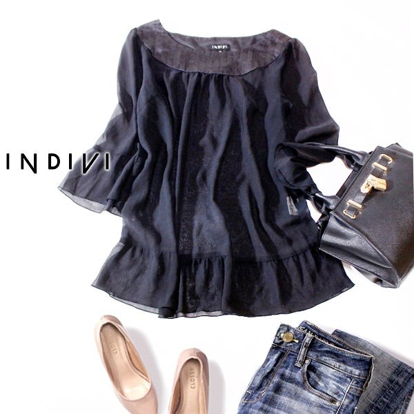 ☆☆ 美品 INDIVI インディヴィ ☆☆ 綺麗め 透け強いフォン クレープ生地 カットソー 36号 S 春 夏 23D06拍卖