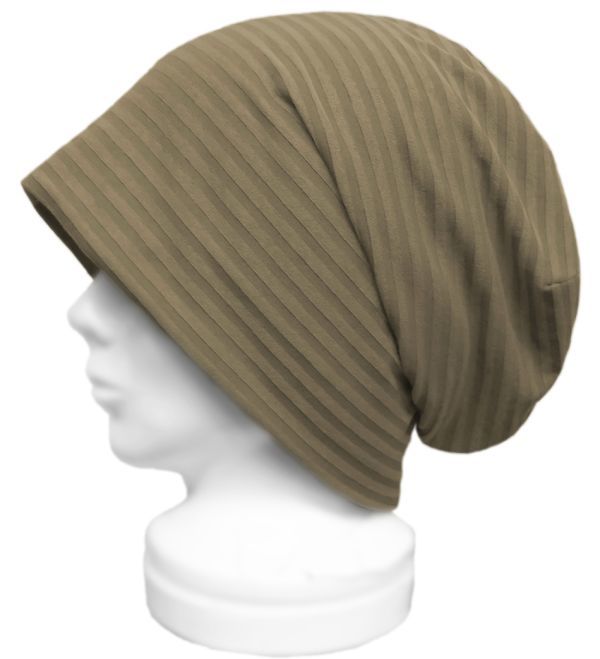 ◇送料無料◇ ハンドメイド◆ルーズワッチキャップ◆細ボーダー柄コットンニット/オリーブ系 ◇ゆったり・小顔効果・オールシーズン着用◇拍卖