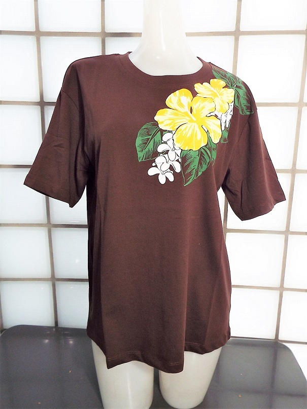 ティモシー ハイビスカス ブラウン Lサイズ 天竺 綿100% 半袖Tシャツ 新品 Timothy拍卖