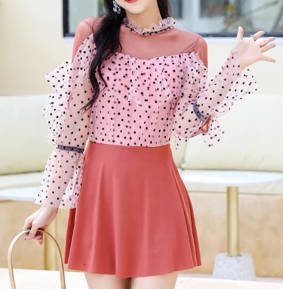 ★★★大反響の予感! レディース 水着 ワンピース ミニスカート シフォン ドット柄 f50拍卖