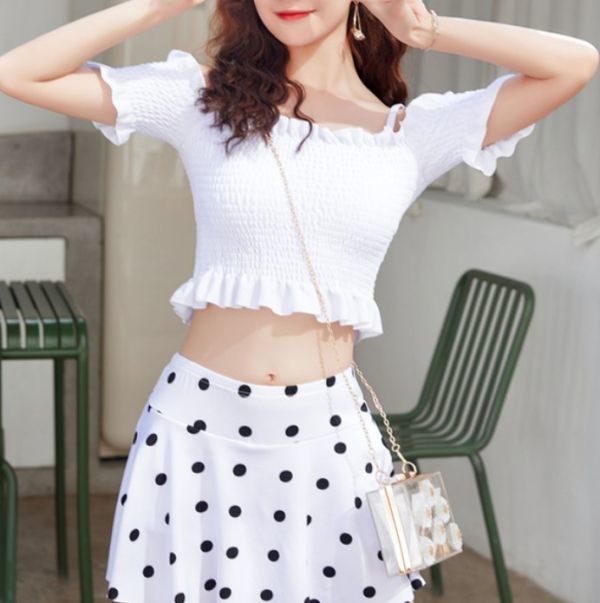 ★★★大反響の予感! レディース 水着 セパレート シャーリング ミニスカート ドット柄 d46拍卖