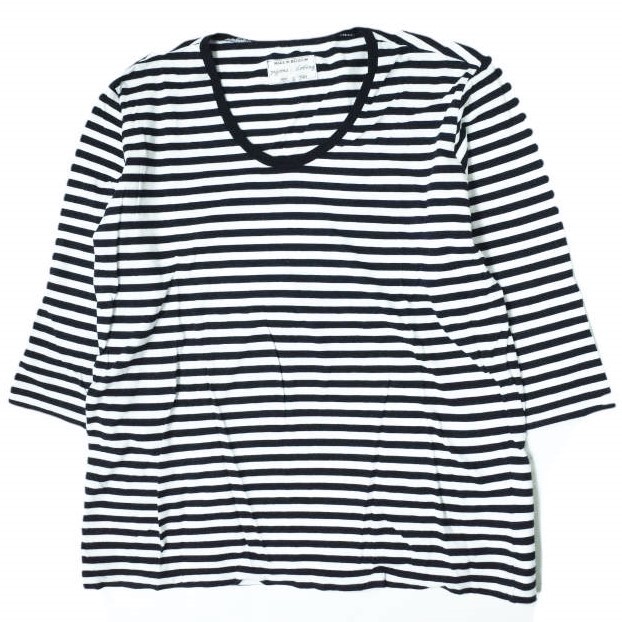pyjama clothing ピジャマクロージング ベルギー製 Border ?U-Neck Tee 五分袖ボーダーUネックTシャツ S ネイビー カットソー g9604拍卖