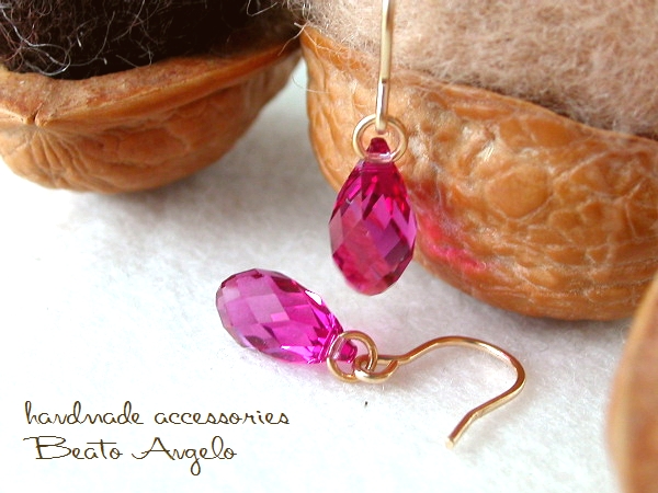 ■+angelo+K14GF スワロフスキー 6010のピアス(p-018)フューシャ S 一粒 ドロップ ピンク拍卖