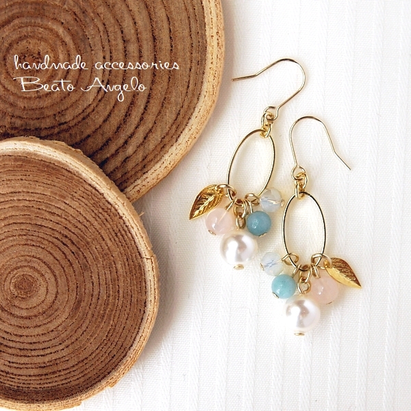 ◆+angelo+スワロフスキー パールとピンクカルセドニーのオーバルピアス(p-070)G 天然石 アマゾナイト ホワイト拍卖