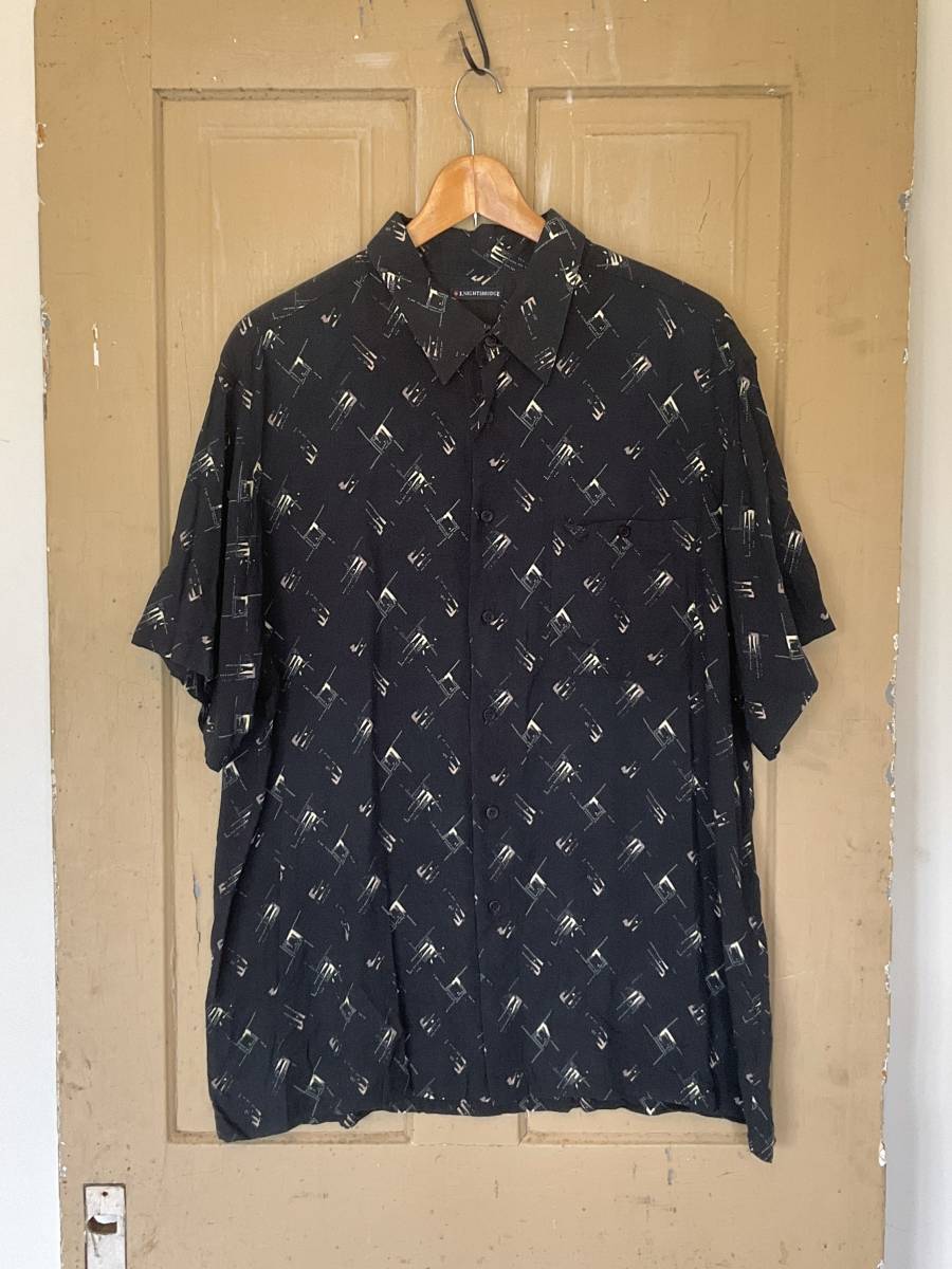 90s KNIGHTSBRIDGE ビンテージ オーバーサイズ 柄 半袖 ブラック シャツ XL拍卖