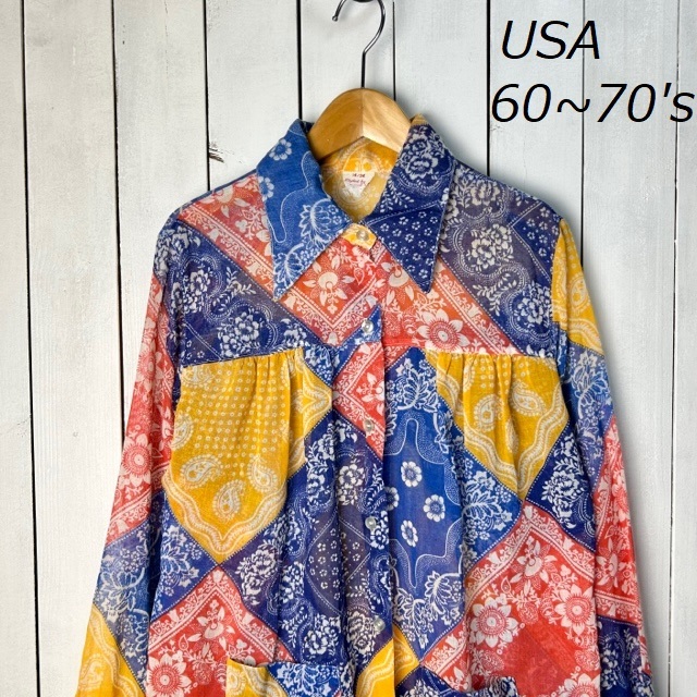 sh●501 USA古着 60s~70s 切替えバンダナ柄 薄手ガーゼシャツ オーガンジー 16/36 オールド ヴィンテージ アメリカ古着 長袖 春夏 総柄拍卖