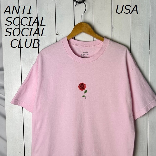 T●300 USA古着 ANTI SOCIAL SOCIAL CLUB USA製 薔薇Tシャツ L ピンク アンチソーシャルソーシャルクラブ アメリカ古着 ストリート バラ柄拍卖