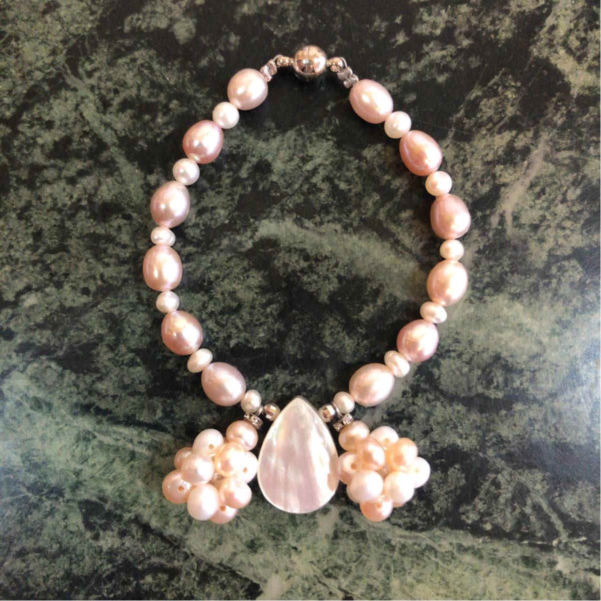 【新品】淡水パールブレスレット★ピンク 白 16.5cm マグネット式 シェル パーティー デザインブレスレット 一点物 アクセサリー拍卖