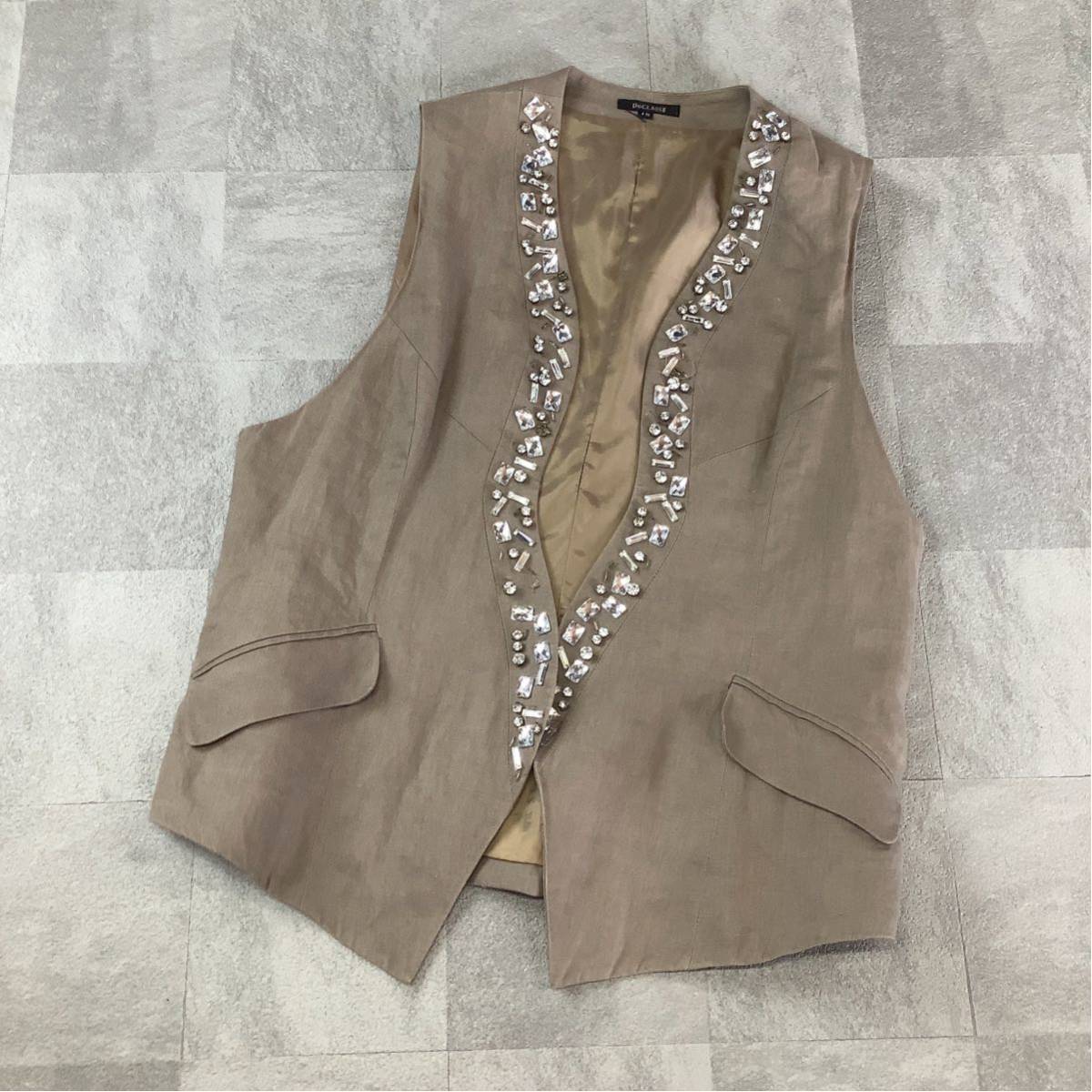 【爽やかなリネン100%】良品 DO CLASSE ドゥークラッセ ビジュー クリスタル リネンベスト レディース 大きいサイズ15号 XXL ベージュ拍卖