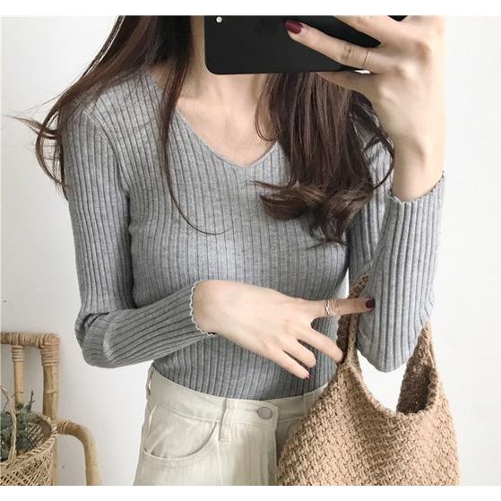 ★新品★ニット レディース Vネック ★インナー 薄手 スリム リブニット【グレー】拍卖