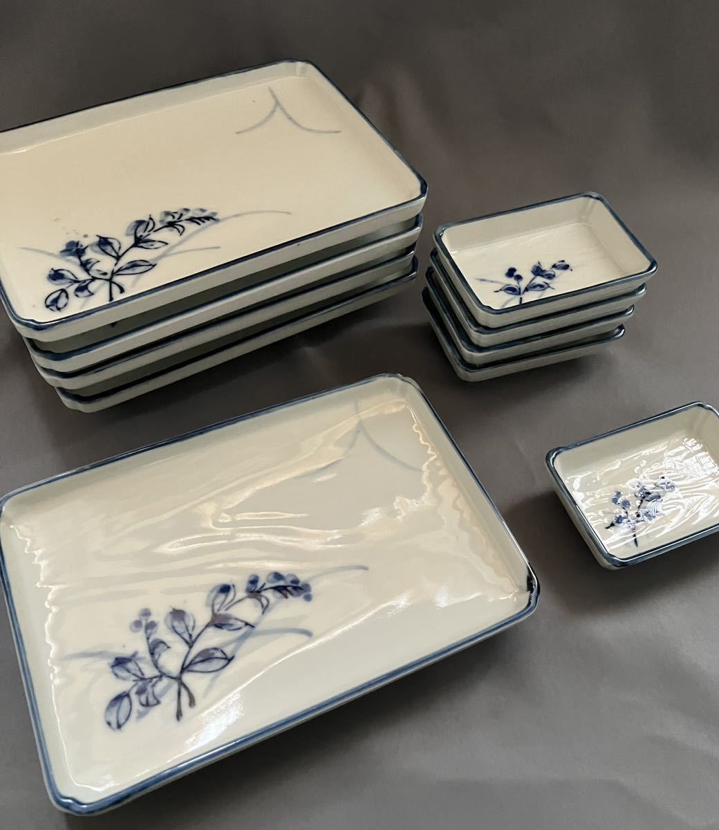 萩刺身膳 和皿 長皿 角皿 和食器 5客セット 10点 昭和レトロ拍卖