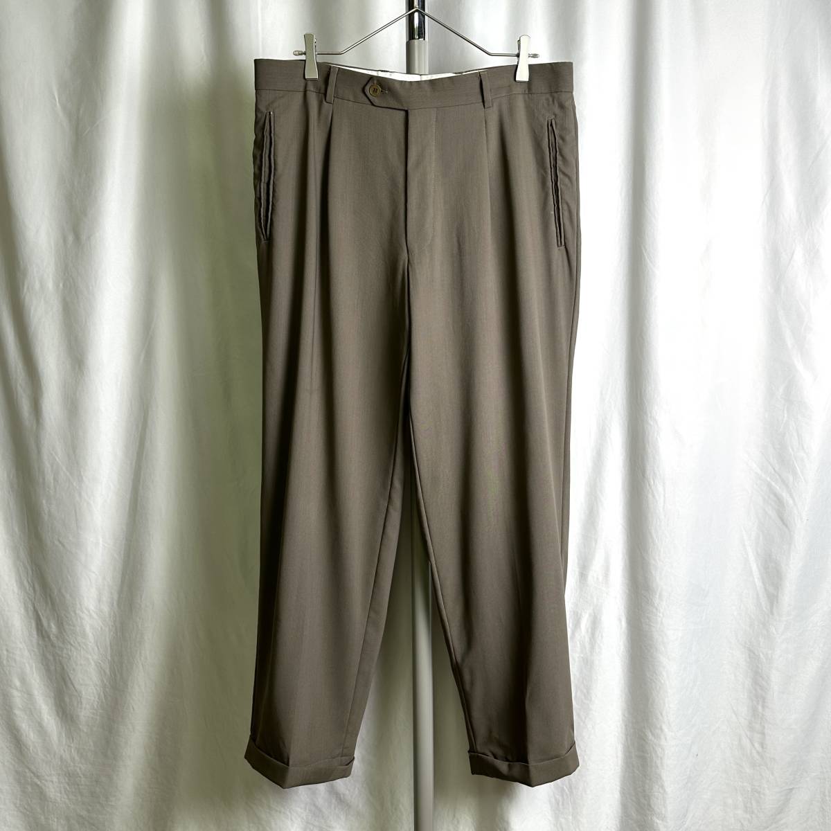 90s USA製 HUGO BOSS タック ウール スラックス W35×L29 グレー ブラウン ワイド パンツ ヒューゴボス 80s 00s オールド ビンテージ拍卖