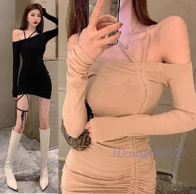 E765★セクシー*エロかわ?ぴったりボディライン?オフショル*肩開き*シャーリング仕様*タイトワンピース*ベージュ*伸縮性有り拍卖