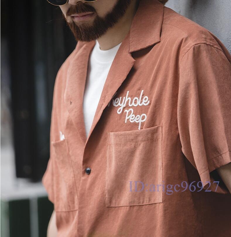 Q919☆新品2色展開 ヴィンテージ風 チェーンステッチ 刺繍 ハーフスリーブ オープンカラーシャツ半袖 開襟 ボーリングシャツ拍卖