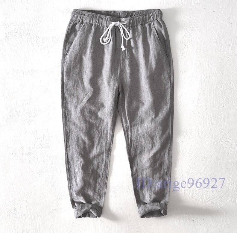 R207☆新品サマーパンツ リネンパンツ 九分丈 綿麻 メンズ スラックス ストライプ チノパン カジュアル イージーパンツ 灰 3XL拍卖