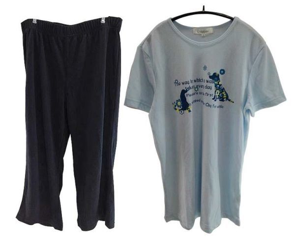 SS0837■ 新品 トップス 半袖 メッシュ Tシャツ クロップドパンツ 上下セット Lサイズ ライトシアン 黒 ブラック 送料 510円拍卖