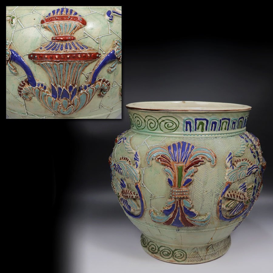 《源》【即決・送料無料】《江戸期》古薩摩 貼花 色絵 藤花紋 時代物 飾り壺拍卖