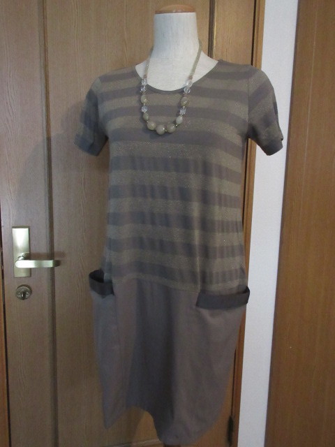 D)■日本製ブランド品■【LAUTREAMONT ロートレアモン】■金糸入りボーダー&無地異素材コラボ!■グログランリボンデザイン!ワンピース拍卖