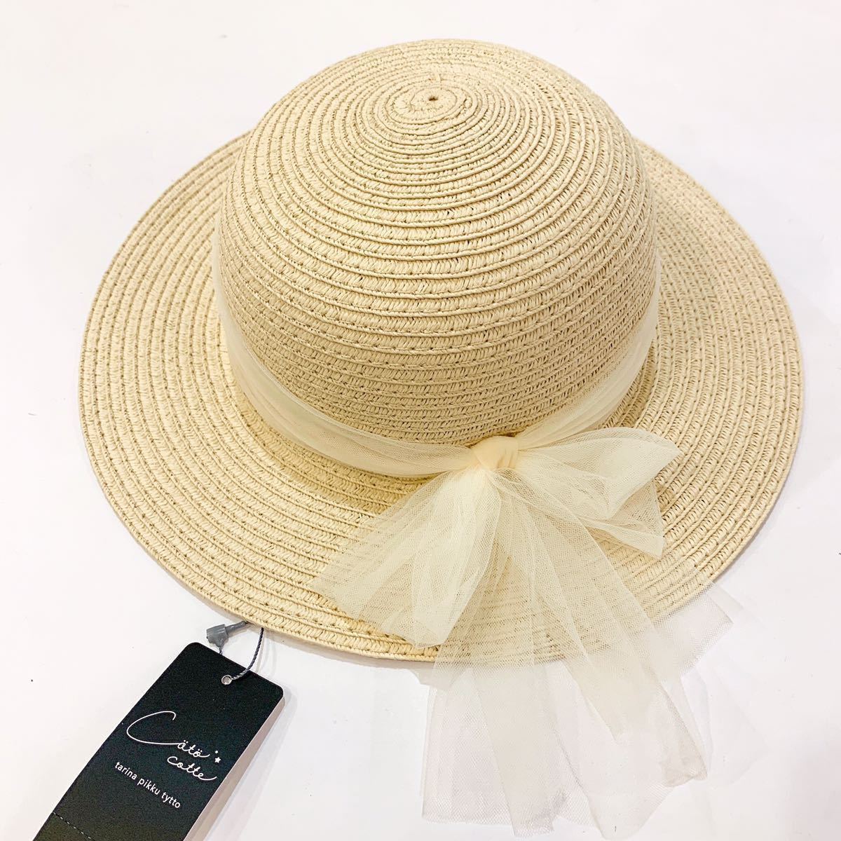 【新品未使用】coto cotte コトコト 48cm 帽子 麦わら帽子 リボン チュールレース ナチュラル ガーリー 女の子 紫外線対策 UV対策 かわいい拍卖