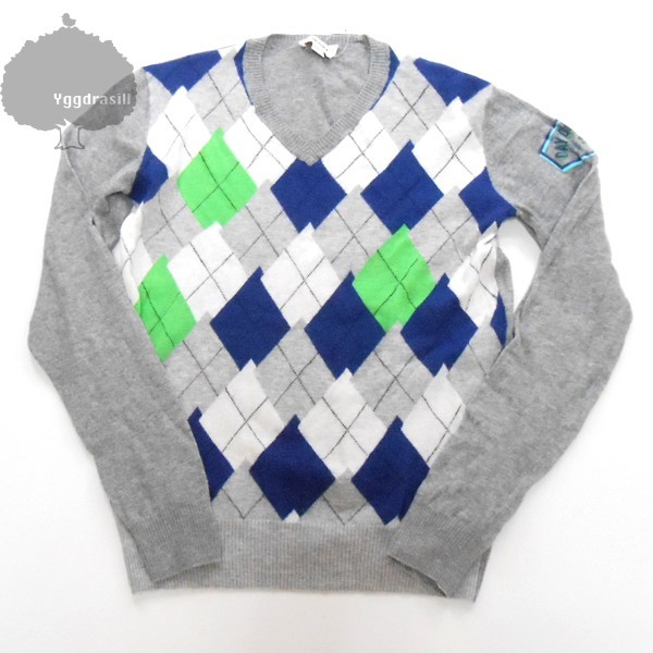 YGG★DIESEL ディーゼル アーガイル柄 Vネック ニット グレー S メンズ 灰色 トップス拍卖
