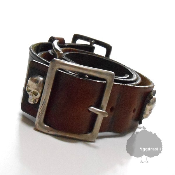 YGG■本物 ディースクエアード スカル レザーベルト 茶黒系 FREE Dsquared2 革 FREE フリー ブラウン 89cm~101.5cm 全長:114cm拍卖