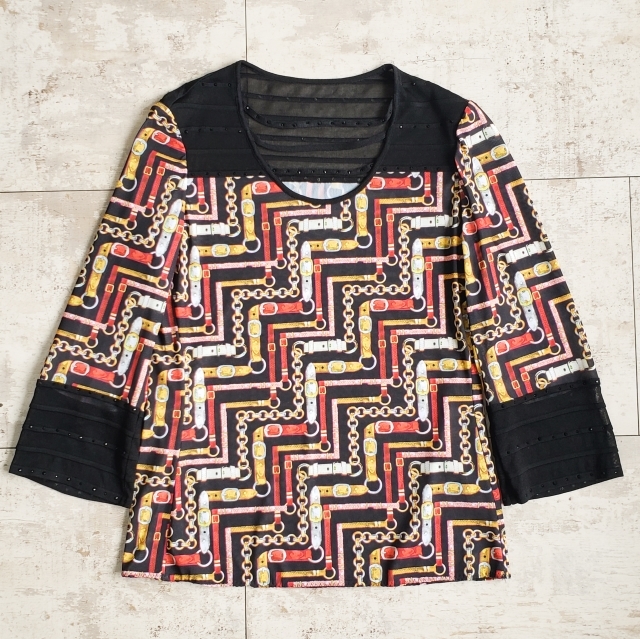 伊太利屋 GK 総柄 ビジュー メッシュ プルオーバー 半端袖 9 日本製 ストレッチ シアー ベルト柄拍卖