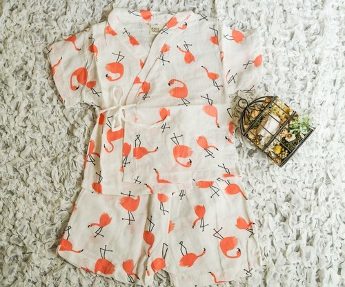 キッズ服/ベビー服/子ども服/子供服★甚平 セット/ フラミンゴ ★春夏カジュアル/花火/浴衣★ ★110cm拍卖
