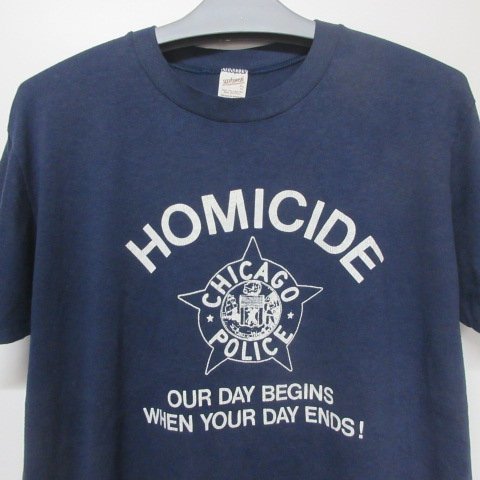 80年代 アメリカ製 Tシャツ XL 紺 シカゴ ポリス 警察 太め オールド ビンテージ アメカジ古着 sy3504拍卖