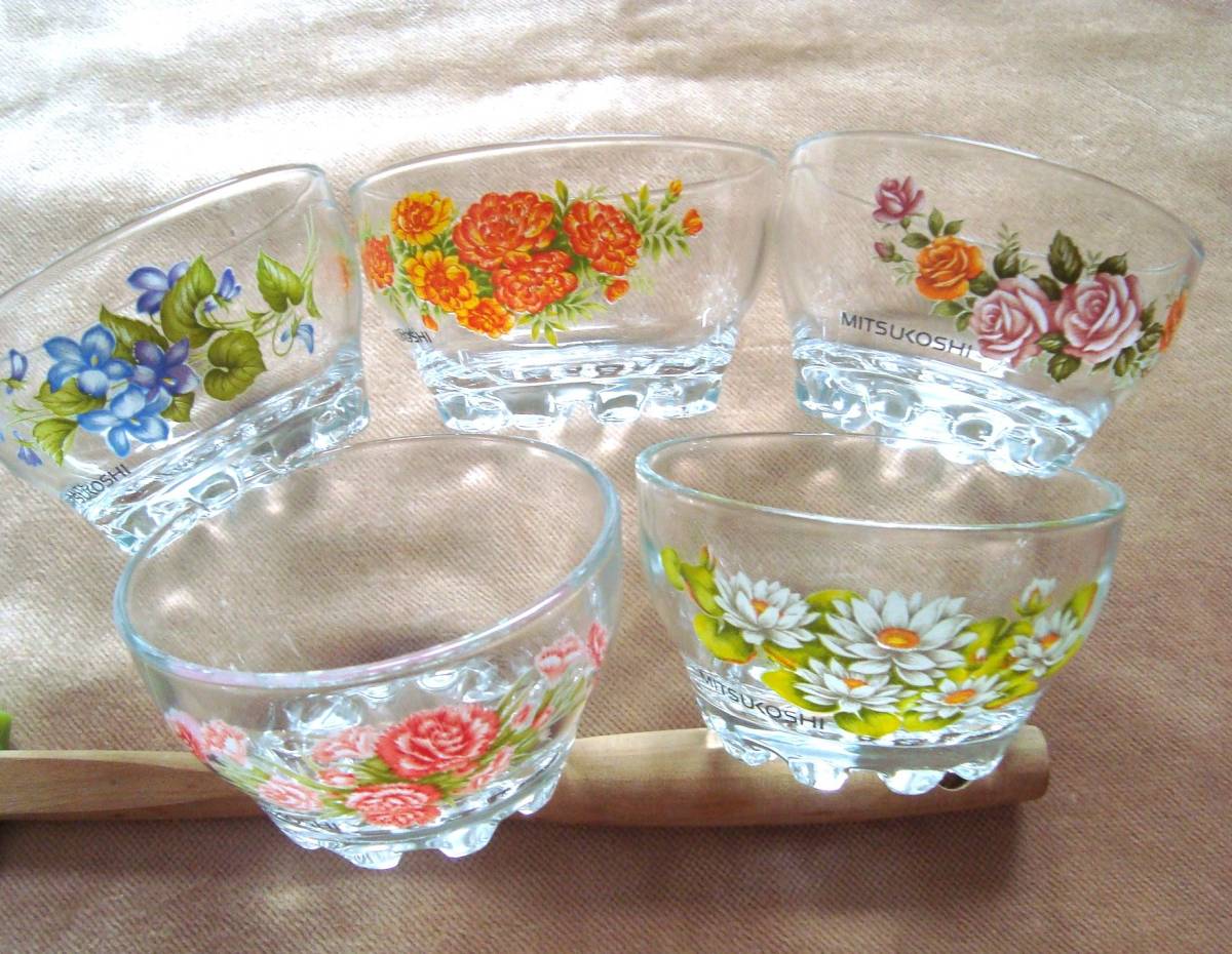 MITSUKOSHI ロゴ入り ノベルティ フラワーベースガラスの器5種 計5個 美品拍卖