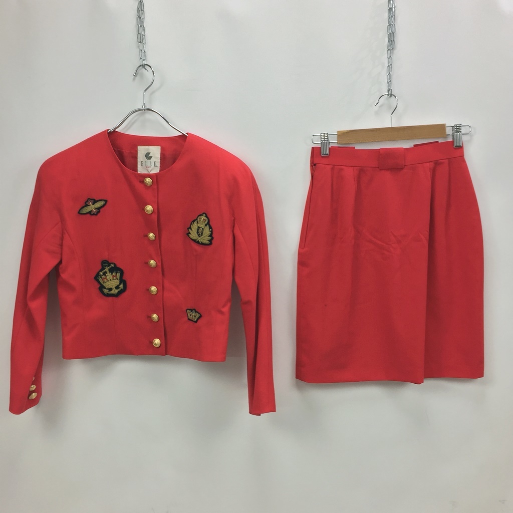 ELLE SPORTS/ エル セットアップ スーツ 上下セット サイドジップ 裏地付き ウール レッド サイズ9号 レディース拍卖