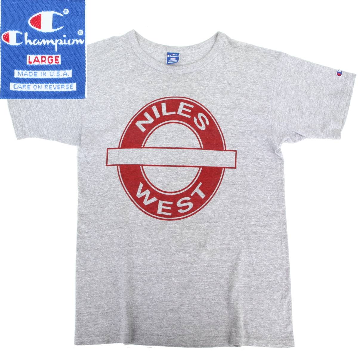 (32626)良品90s ChampionチャンピオンMADE IN USAプリントTシャツL (ヴィンテージ オリジナル刺繍タグ青タグ88/12アメリカ灰グレーNILES)拍卖