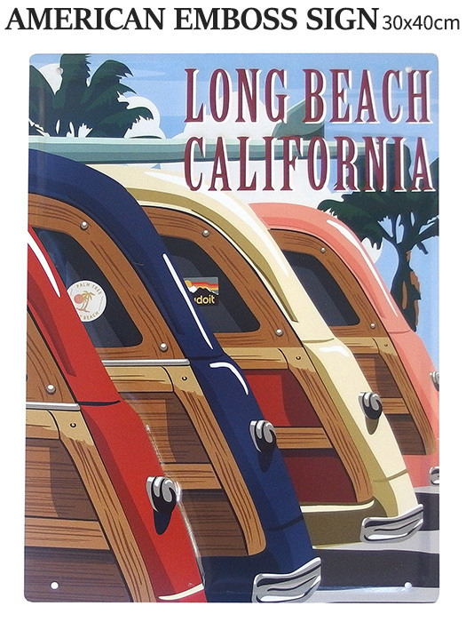 エンボス リゾート ブリキ看板 (ロングビーチ) 30×40cm カリフォルニア 車 ハワイアン ティンサイン 西海岸風 インテリア アメリカン雑貨拍卖