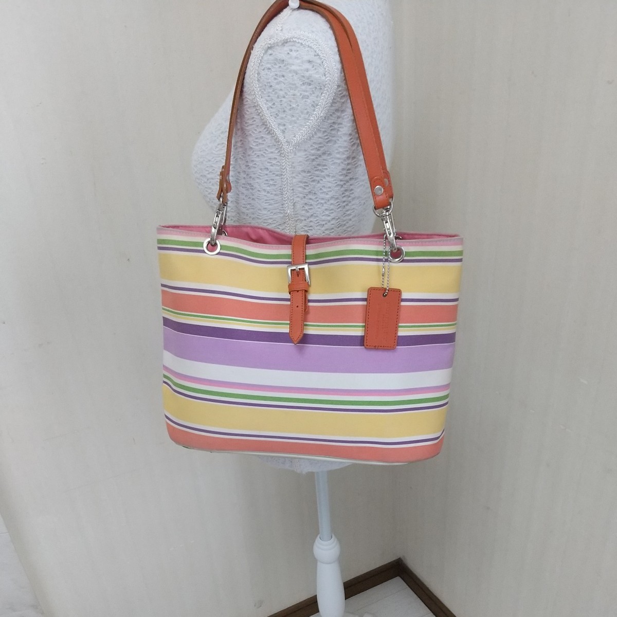 バーバリーロンドン ブルーレーベル BURBERRY LONDON BLUE LABEL ボーダー カラー トートバッグ ショルダーバッグ キャンパス地 A4可拍卖