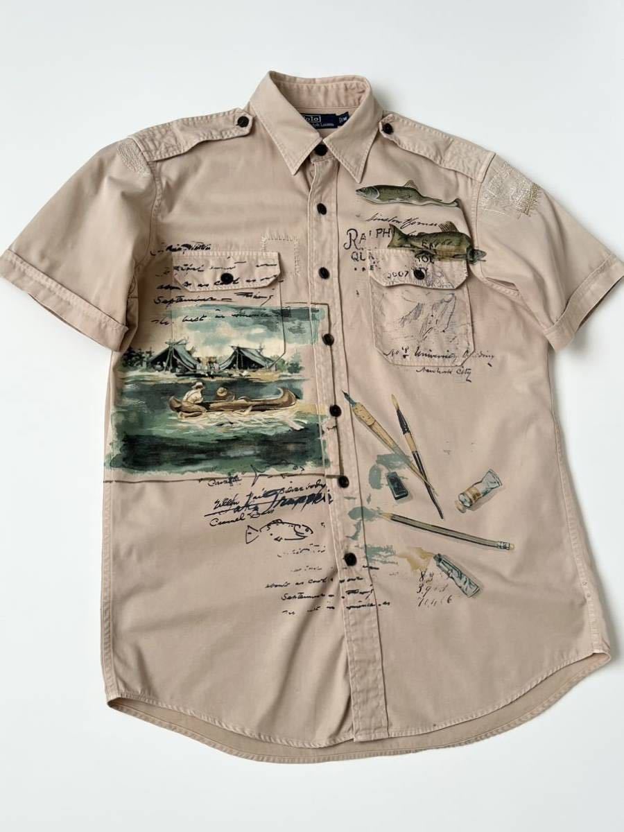 POLO Ralph Lauren フィッシング 手描き プリント 半袖シャツ M ポロ ラルフローレン フィッシュ 魚 ユーズド ダメージ 加工 レア拍卖