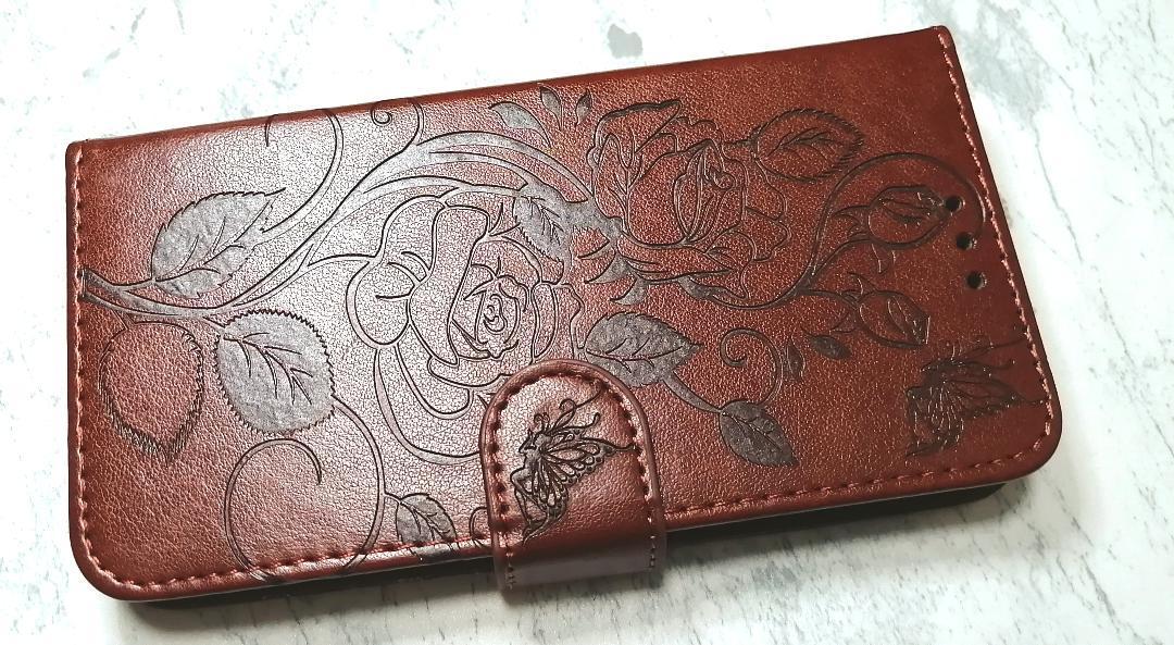 手帳型 iPhone12/12Pro用 ケース 薔薇蝶リーフ ブラウン茶色拍卖