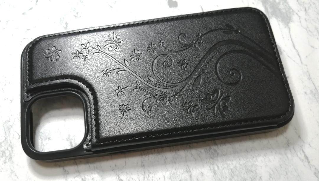 手帳型 カード入れ付 iPhone14/13用 ケース 蝶 草花 ブラック黒色拍卖