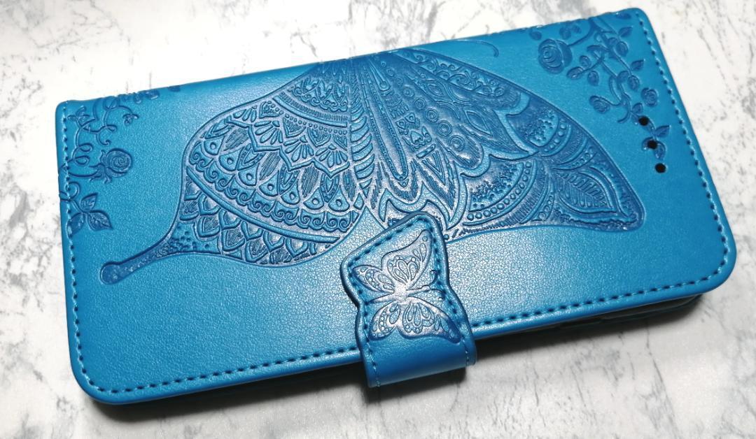 手帳型 iPhone7Plus/8Plus用 ケース 蝶 花柄 青ブルー拍卖