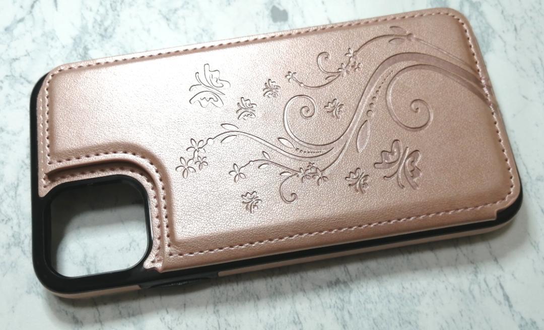 手帳型 カード入れ付 iPhone11用 ケース 蝶 草花 ピンクゴールド拍卖