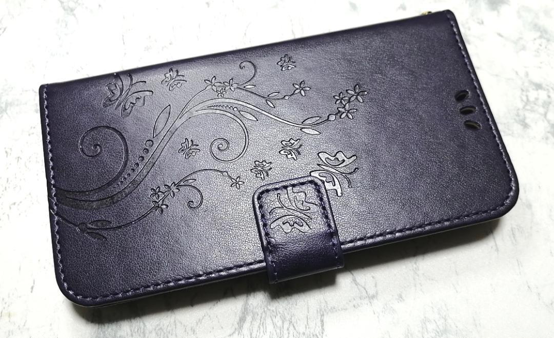 手帳型 iphone11 ケース 草花 蝶 エンボス パープル紫色拍卖