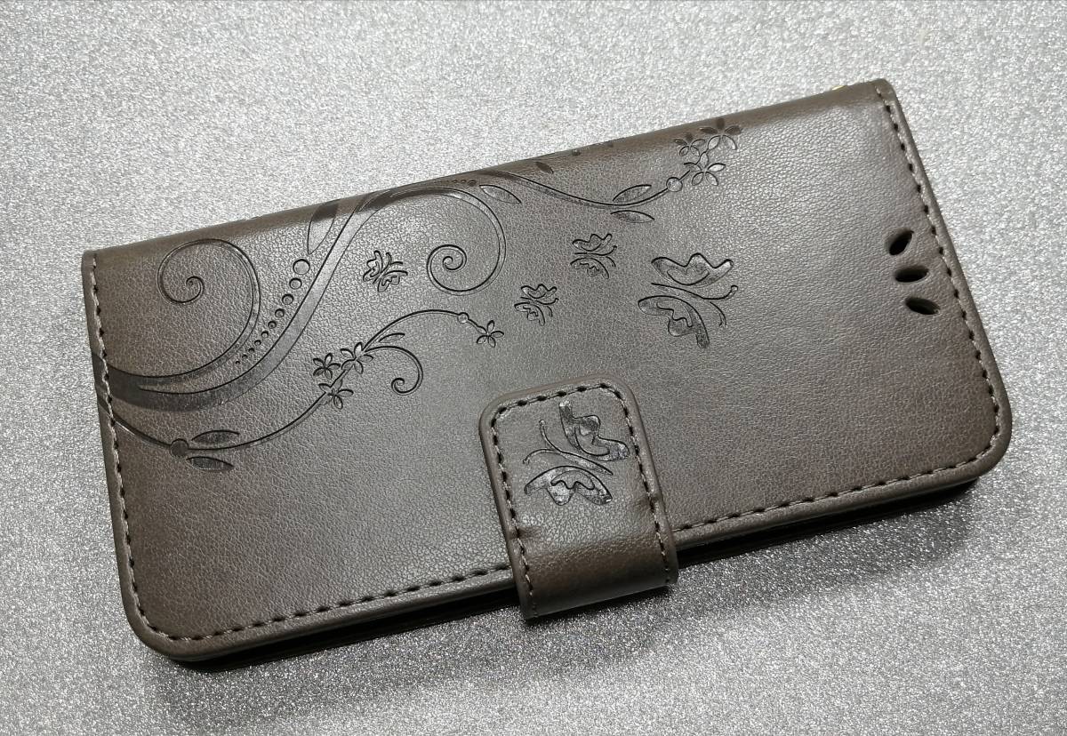 送料無料 手帳型 iphone6/6s ケース 草花 蝶 エンボス グレー拍卖