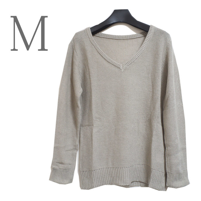 ●新品/綿麻/ニット/Vネック/グレー系/M/レディース●f9426拍卖