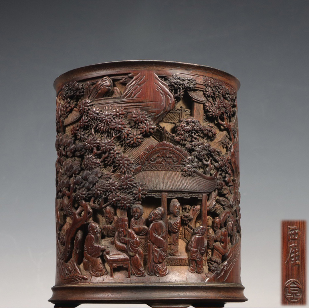 古竹彫 筆立 中国・清時代 金西厓銘 竹彫人物故事図筆筒 文房置物 竹器 古美術 古賞物 唐物 時代物 LT-0641拍卖