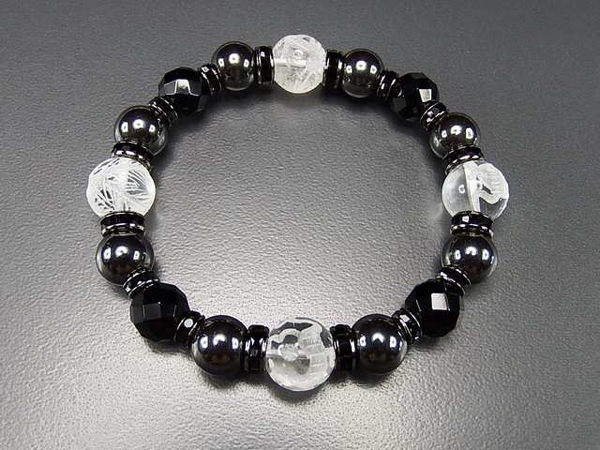 Cool!天然石4Aオニキスキラキラカット本水晶四神手彫りヘマタイトブレスレット石街拍卖