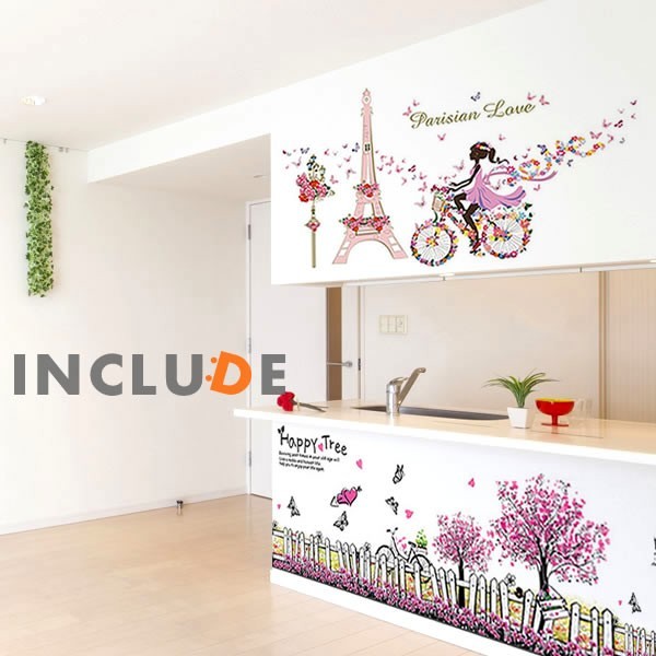 ウォールステッカー エッフェル塔 フランス パリ お出かけ フラワー自転車 ピンクのワンピー ローズ キュート かわいい拍卖