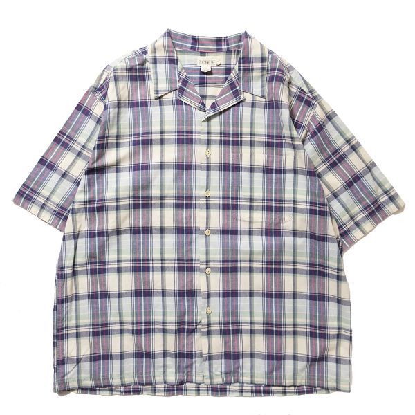 90's J.CREW Jクルー チェック オープンカラー コットン シャツ 半袖 (L) ループカラー ボックスシャツ 90年代 旧タグ オールド 巨人タグ拍卖
