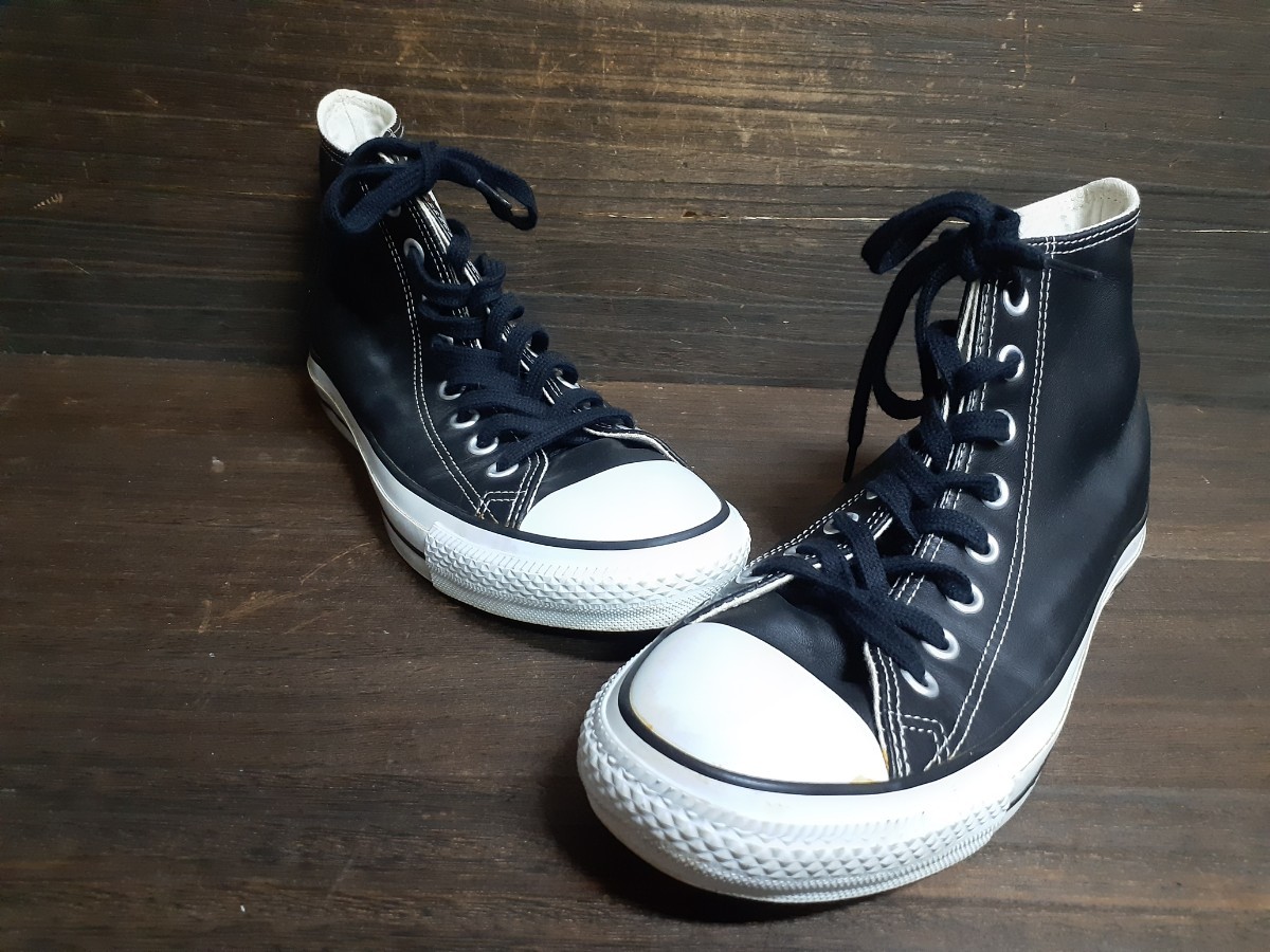 グランジロックスタイルCONVERSEオールスターレザーハイカットブラック拍卖