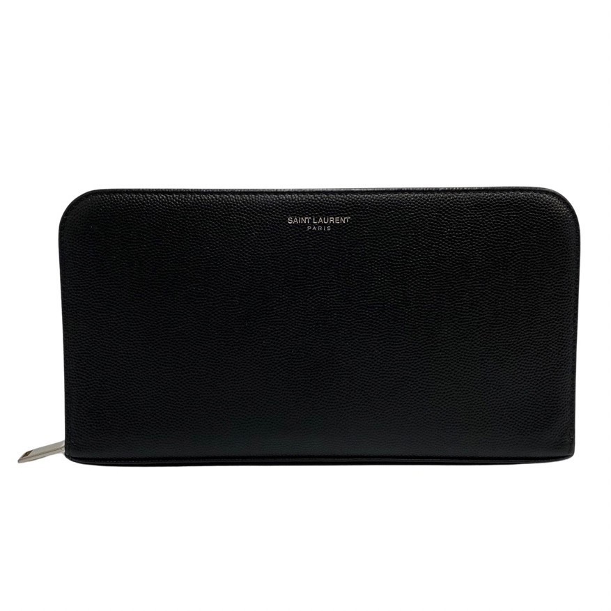 極 美品 希少品 SAINT LAURENT PARIS サンローランパリ ロゴ レザー 本革 ラウンドジップ 長財布 ウォレット カードケース ブラック 17910拍卖