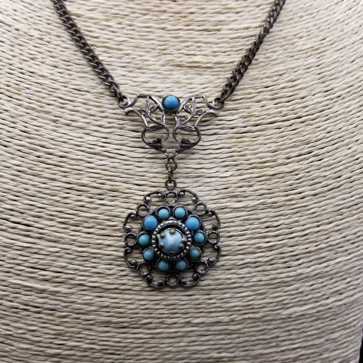 アールヌーヴォー ターコイズブルー 植物 モチーフ ヴィンテージ ネックレス ペンダント オープンワーク ラウンド 透かし 7Y-I拍卖